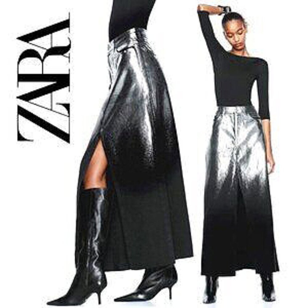 💥EDGY CHIC💥ZARA BLACK DENIM MAXI SKIRT IN METALLIC SILVER FOIL